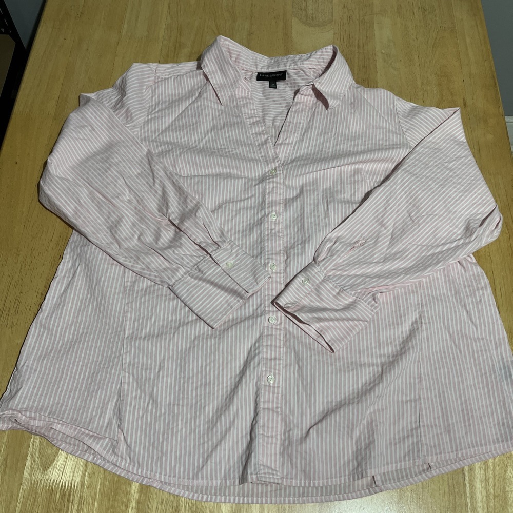 Lane Bryant Women  Shirt Sz 28 Pink/White Stripes 3/4 Sleeve‎ Stretch Casual